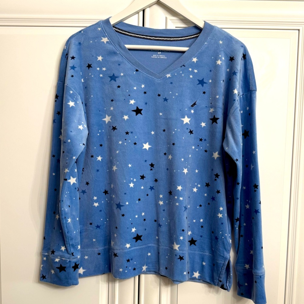 Nautica Women’s Sz Small Blue w/ Stars Velour Ribbed Knit Pyjama Top with V-Neck